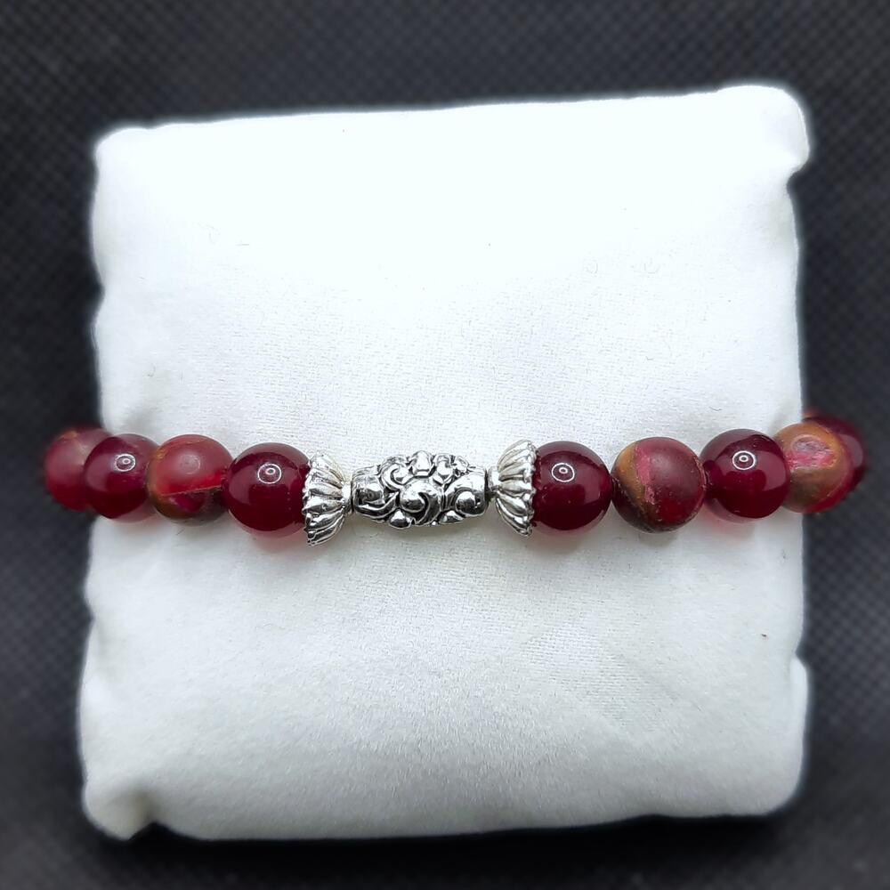Red Jasper Beaded Bracelet Artisan Made 8mm Gemstone Stretch Tibetan Silver NEW